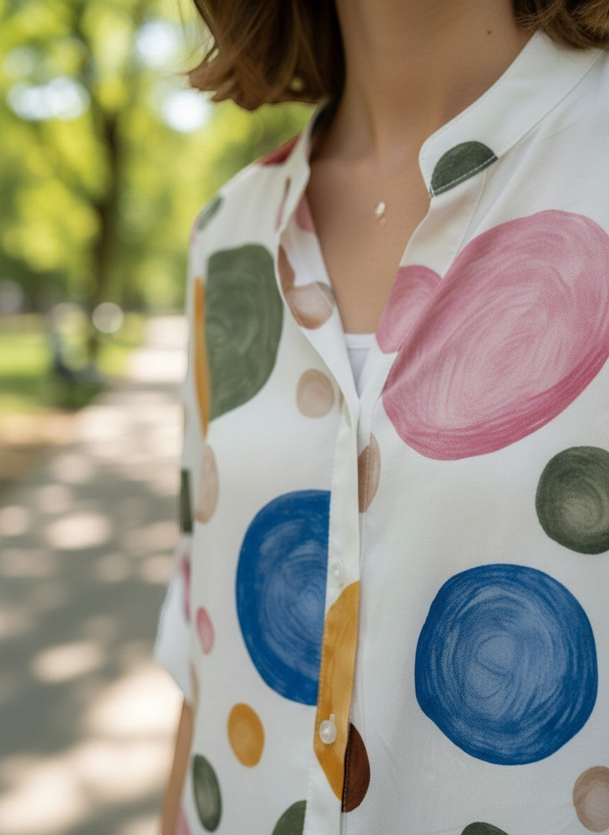 Benny Boutique свободна риза с бяла основа и цветен артистичен точков принт, с предно закопчаване с копчета.