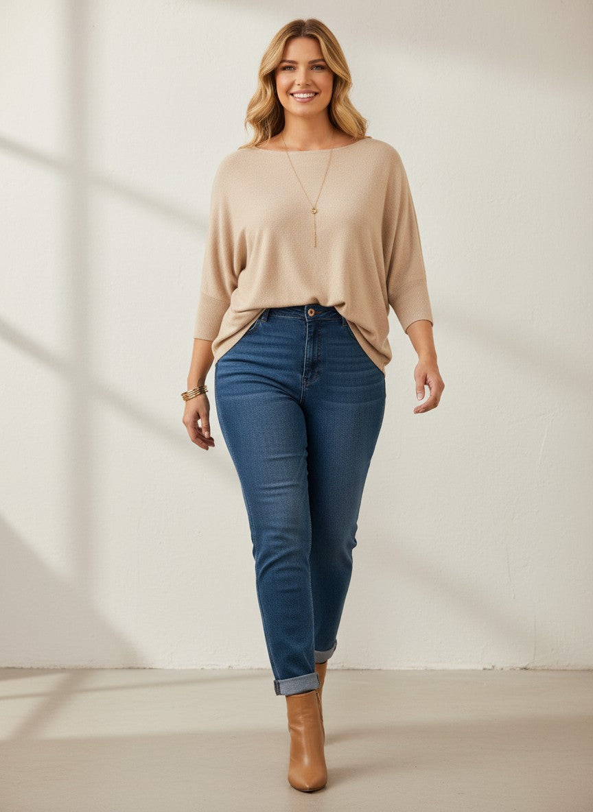 Бежова блуза Benny Boutique с лодка деколте и ръкави три четвърти, носена от усмихната жена със сини дънки.
