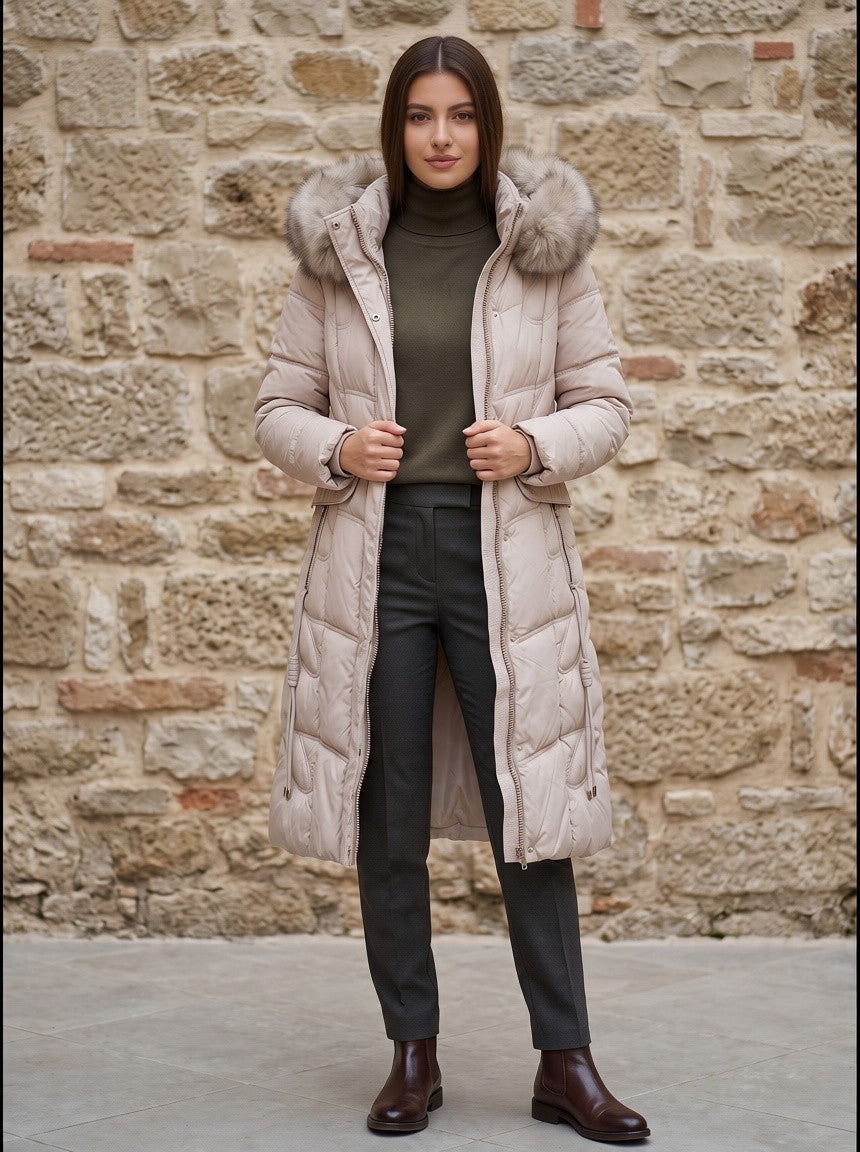 Дълго бежово капитонирано яке Benny Boutique с колан на талията, качулка с изкуствена кожа и двупосочен цип.