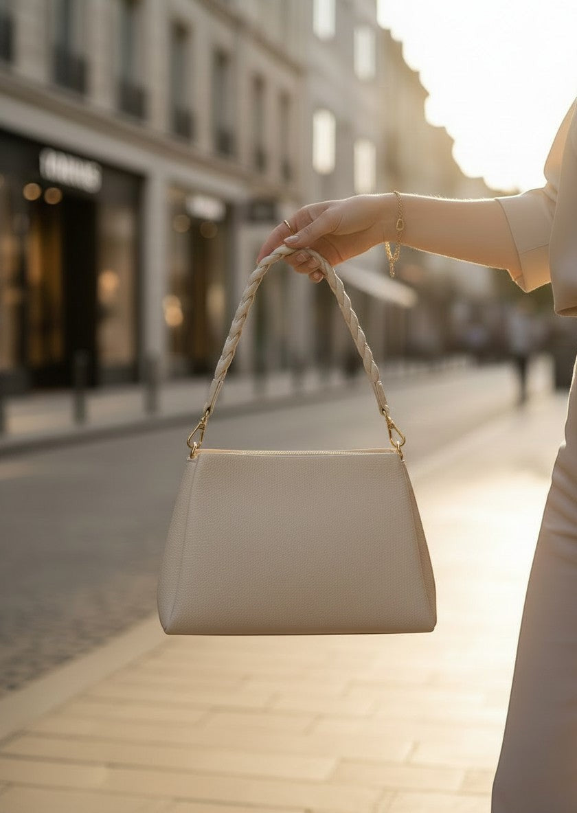 Бежова структурирана чанта на Benny Boutique с оплетена дръжка, държана в градска обстановка.