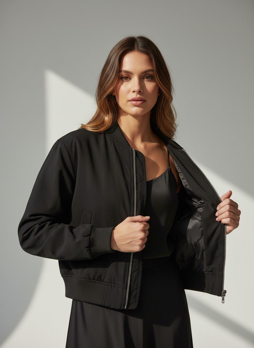 Дамско черно яке тип „бомбър“ от Benny Boutique с предно закопчаване с цип, еластичен рипсен подгъв и ватирана подплата, облечено от жена.