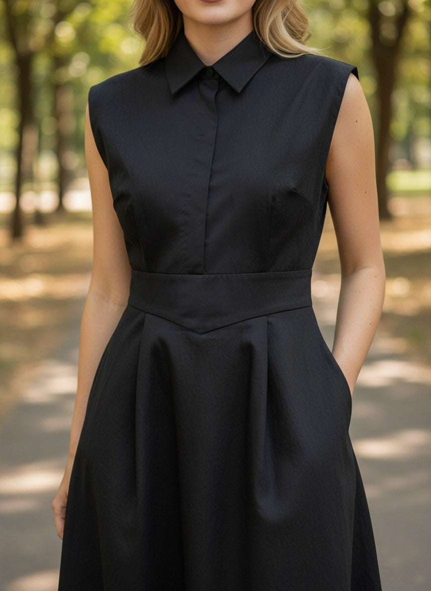 Benny Boutique черна памучна рокля без ръкави с структурирана яка, предно закопчаване с копчета и вталена талия.