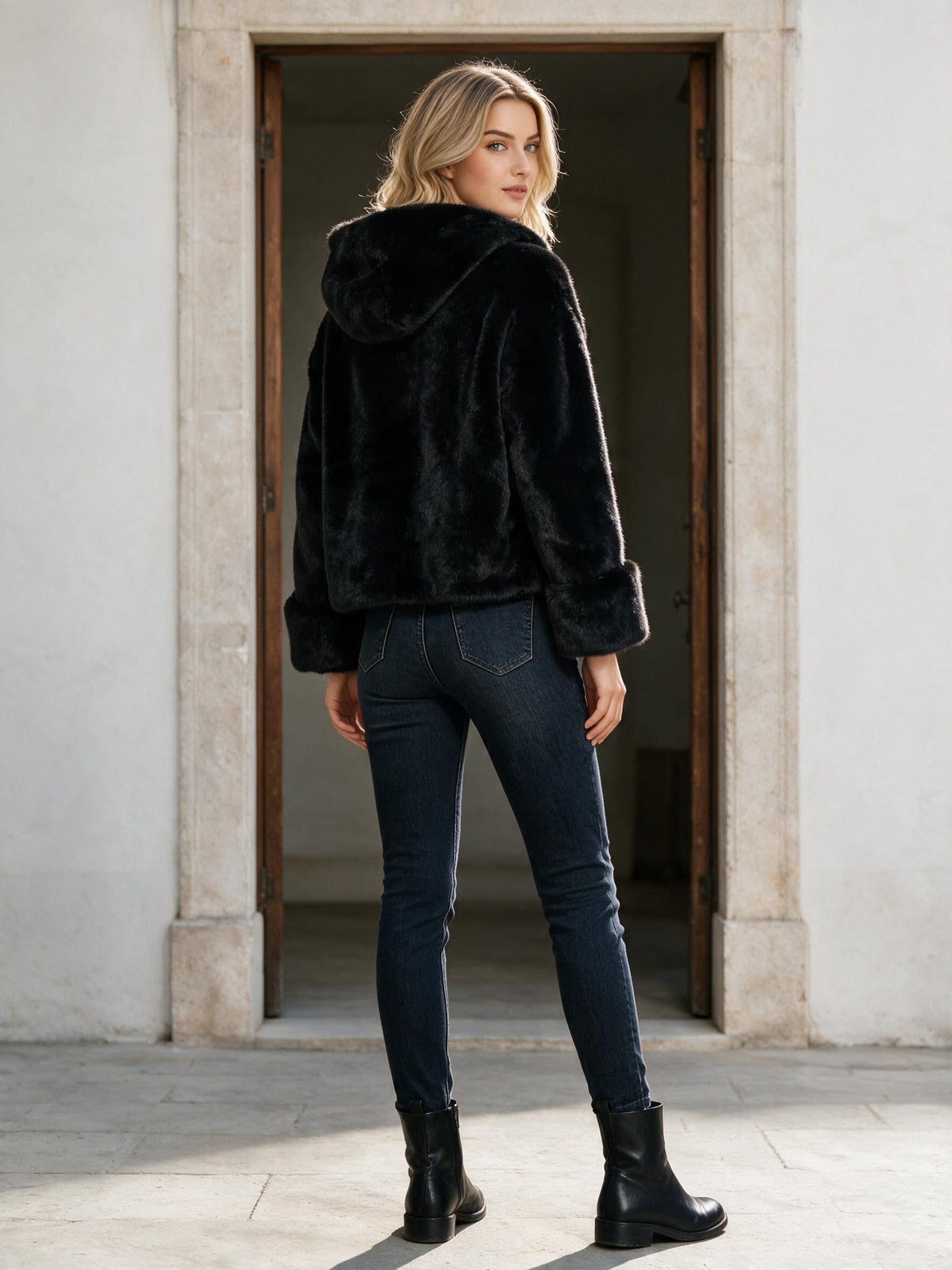Черно яке с качулка от изкуствена кожа и обемни маншети от Benny Boutique, облечено от русокоса жена с дънки.