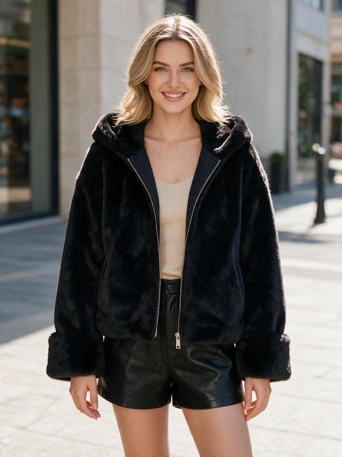 Черно яке от изкуствена кожа с качулка и обемни маншети от Benny Boutique, носено от усмихната русокоса жена на открито.