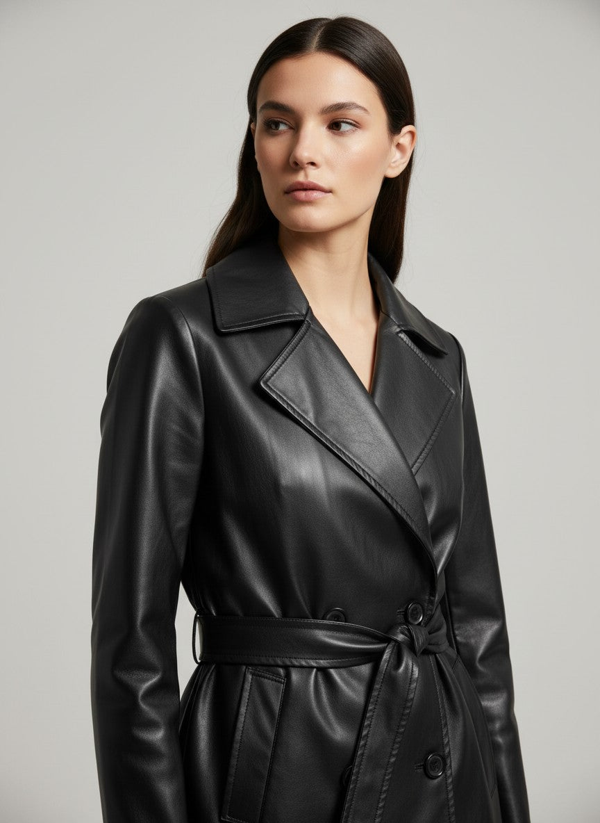 Черен двуреден шлифер от изкуствена кожа на Benny Boutique с колан на талията и широки ревери, представен върху модел.