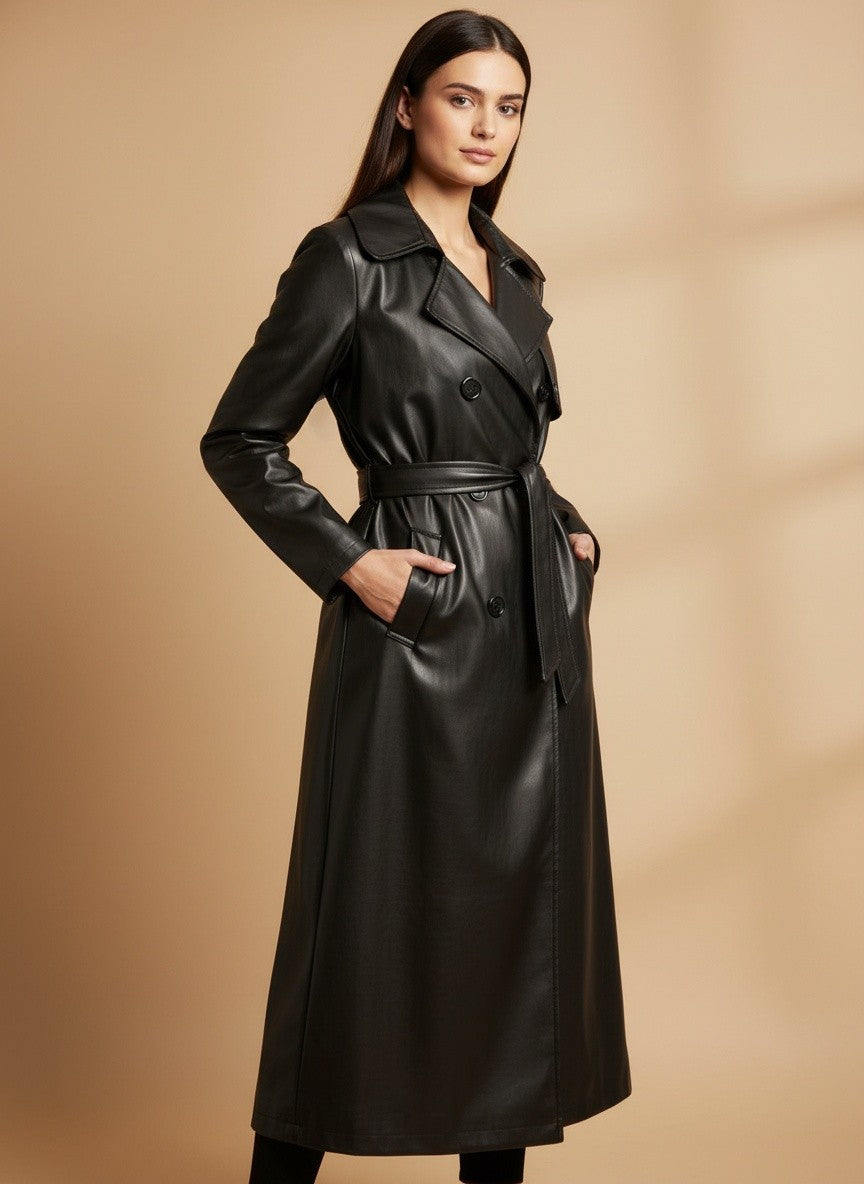 Черен тренчкот от изкуствена кожа на Benny Boutique с двуредно закопчаване с копчета и колан на талията, представен върху модел.