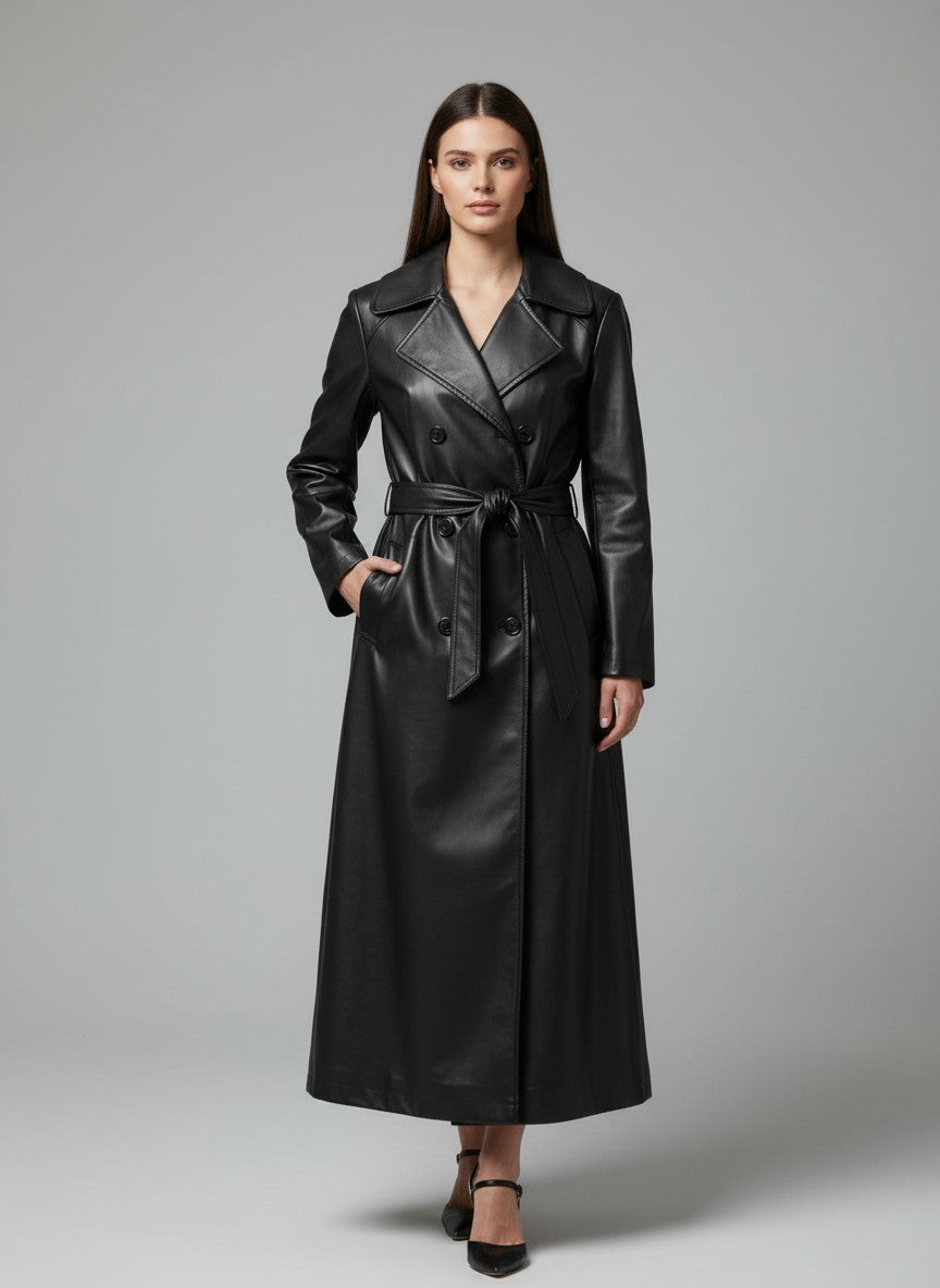 Черен тренчкот от изкуствена кожа на Benny Boutique с двуредно закопчаване с копчета и колан на талията, представен върху модел.