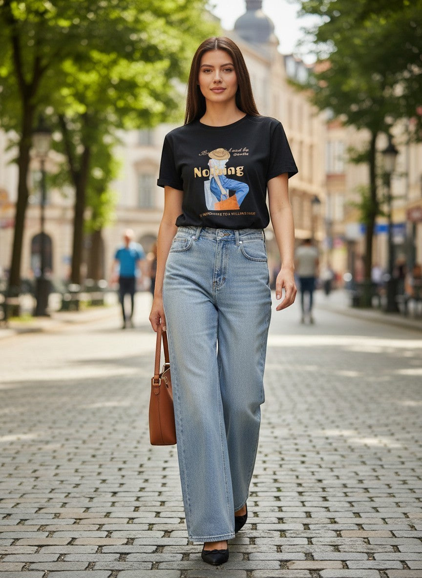 Benny Boutique черна памучна тениска с графичен принт и надпис, носена от жена със светлосини дънки.