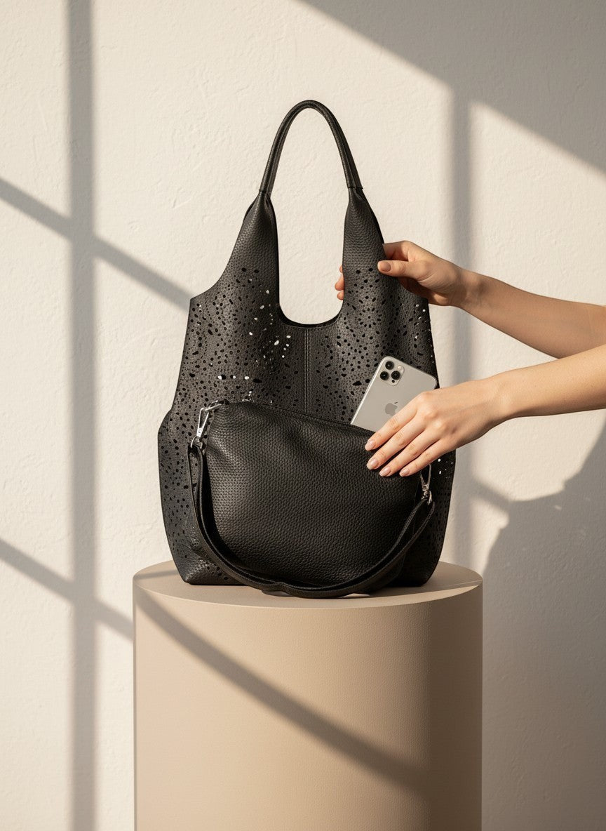 Черен шопър от еко кожа с лазерно изрязване на Benny Boutique с подходящ вътрешен несесер върху постамент.