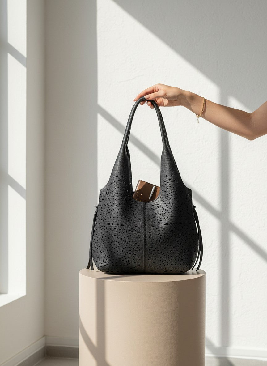 Черен шопър от еко кожа с лазерно изрязване на Benny Boutique с подходящ вътрешен несесер върху постамент.