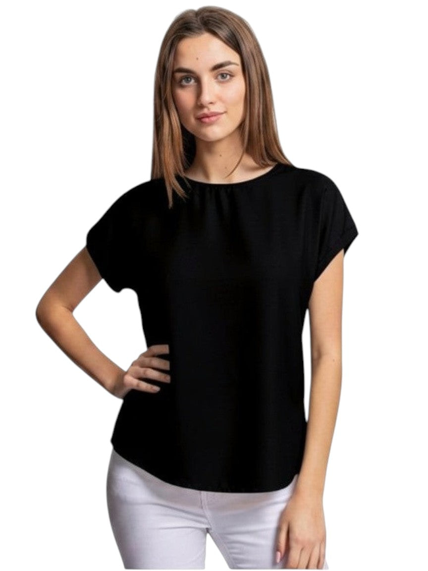 Benny Boutique блуза със сатенен ефект, къси ръкави, с кръгло деколте и свободна кройка.