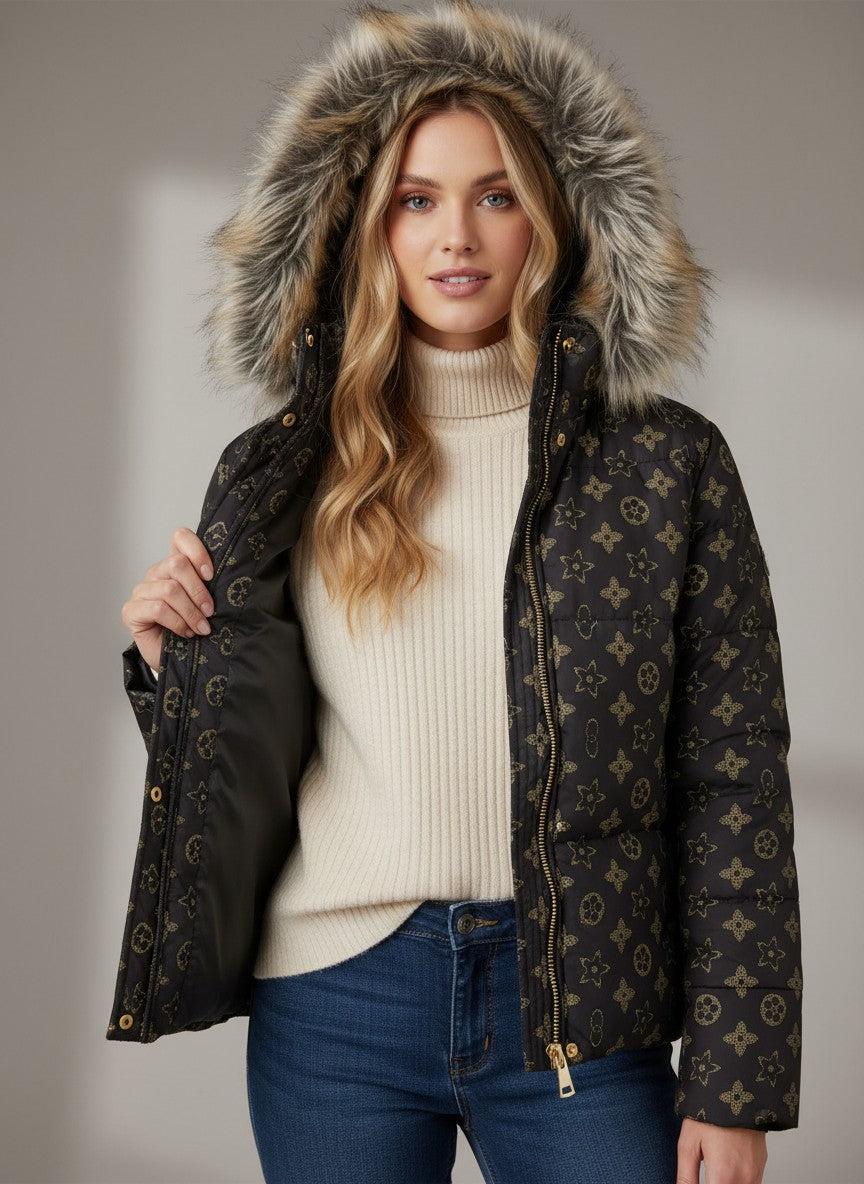 Черно яке тип „пухенка“ Benny Boutique със златист десен на звезди, качулка от изкуствена кожа и скрити джобове с цип, представено върху модел.