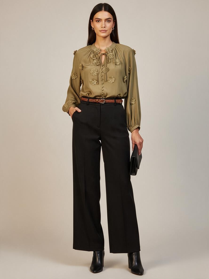 Черни панталони Benny Boutique с широки крачоли и странични джобове, носени от модел с маслиненозелена блуза на цветя.