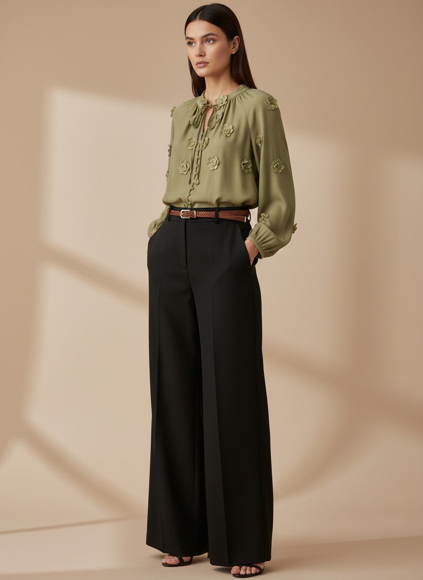 Черни панталони Benny Boutique с широки крачоли и странични джобове, носени от модел със зелена блуза на цветя.