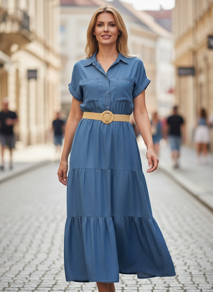 Benny Boutique синя дънкова миди рокля с плетен колан, носена от жена на калдъръмена улица.