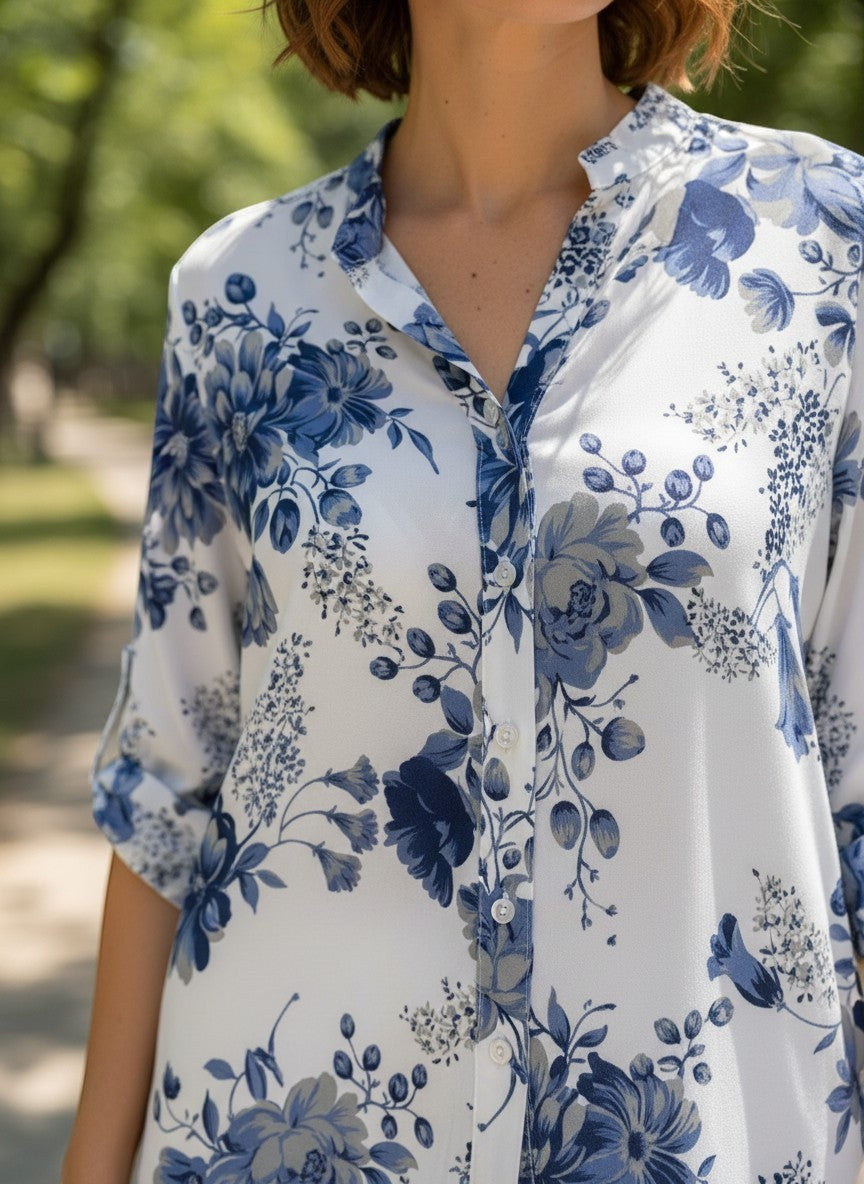 Benny Boutique свободна риза със син флорален принт и предно закопчаване с копчета, идеална за ежедневно лятно носене.