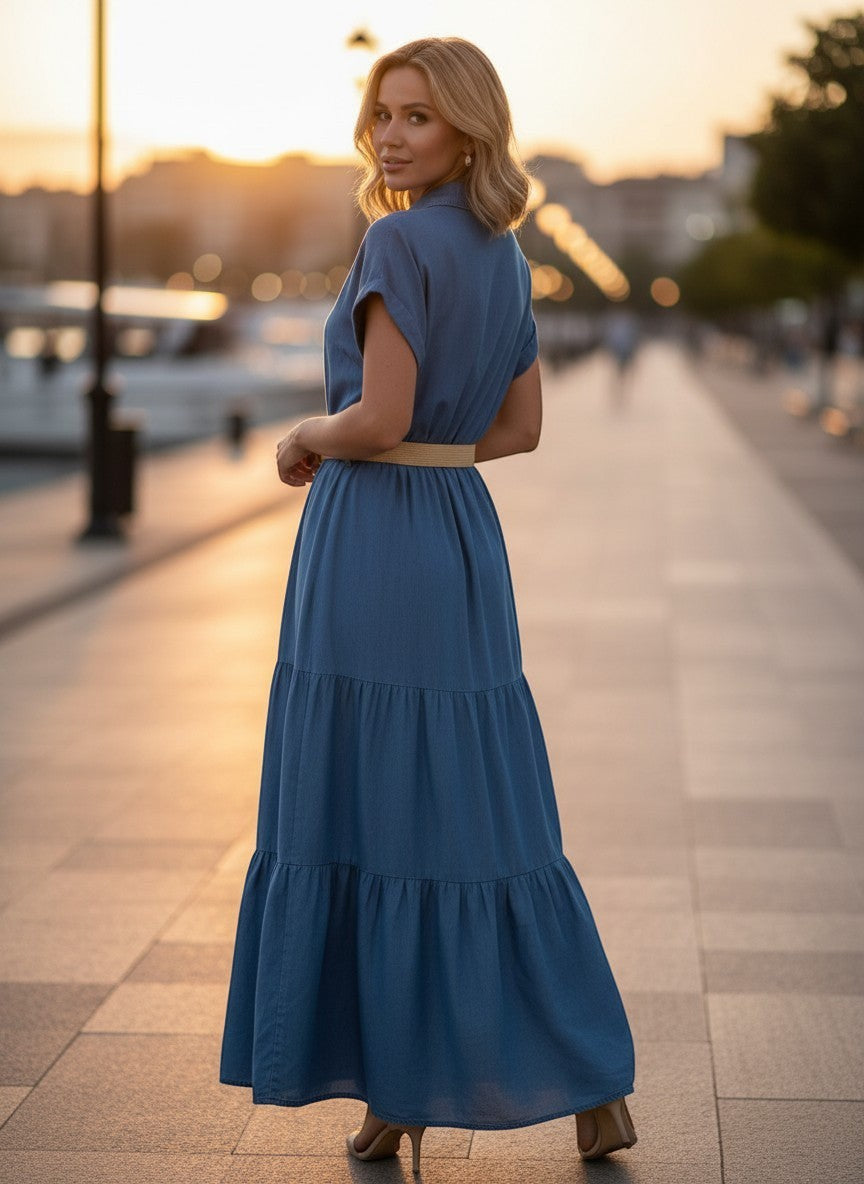 Benny Boutique синя макси рокля с колан на талията, с многопластова пола и елегантен силует, носена от жена.