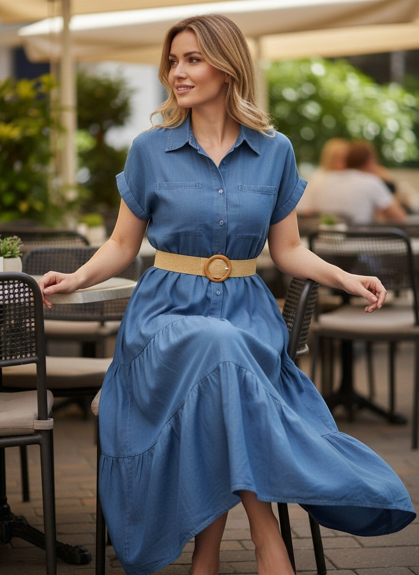 Benny Boutique синя миди риза-рокля с бежов плетен колан, носена от жена на маса в открито кафене.