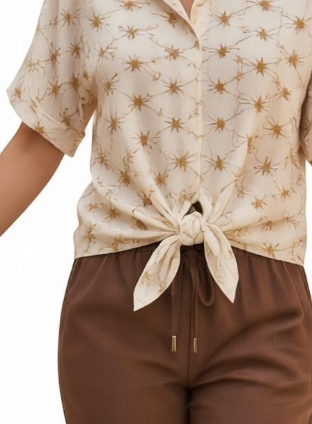 Кафяви памучни панталони на Benny Boutique с еластична талия и връзка, комбинирани с кремава риза с принт на звездички и предна връзка.