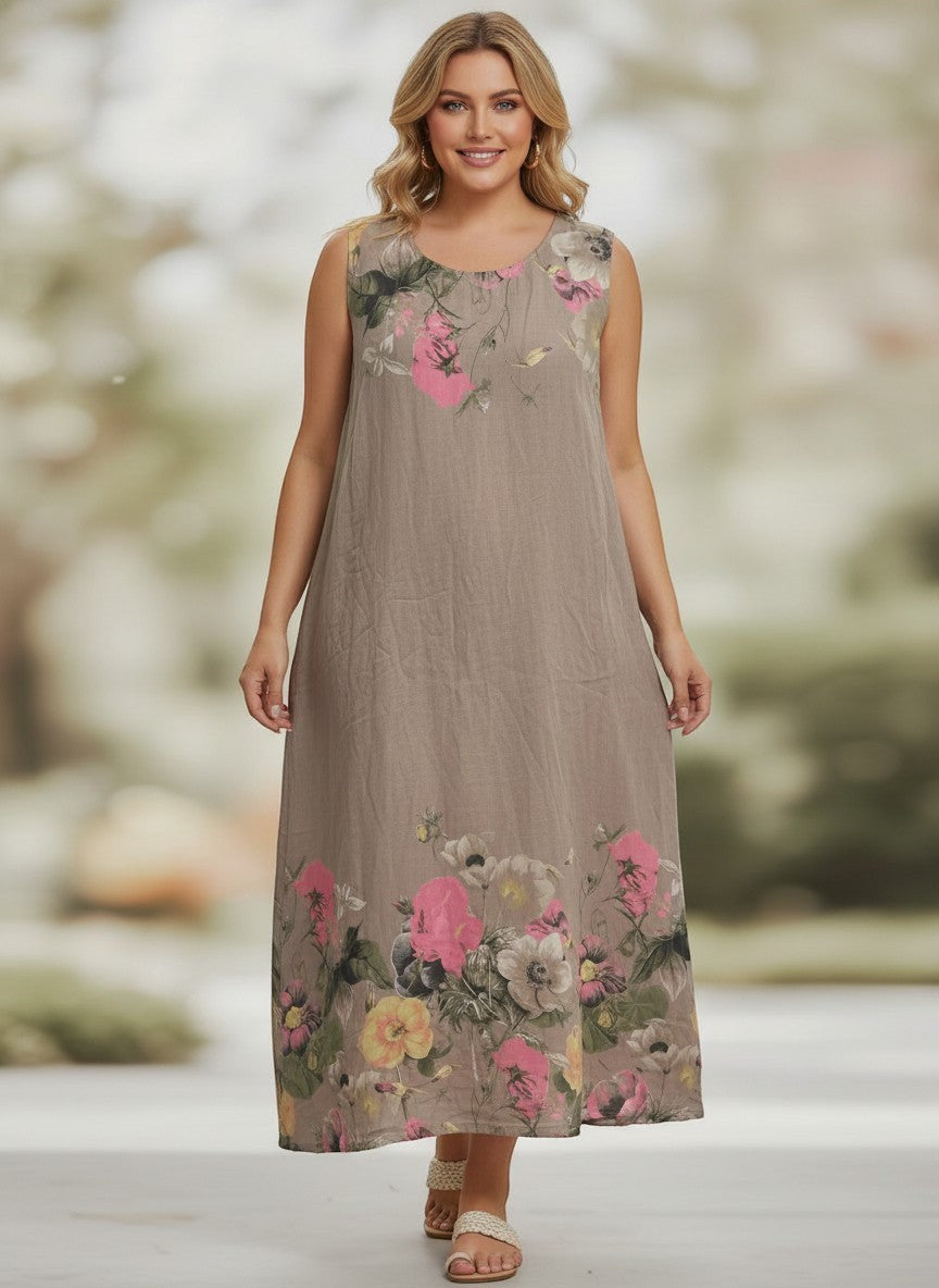 Кафява макси рокля без ръкави от Benny Boutique с флорален принт, свободна и удобна кройка за лятно носене.