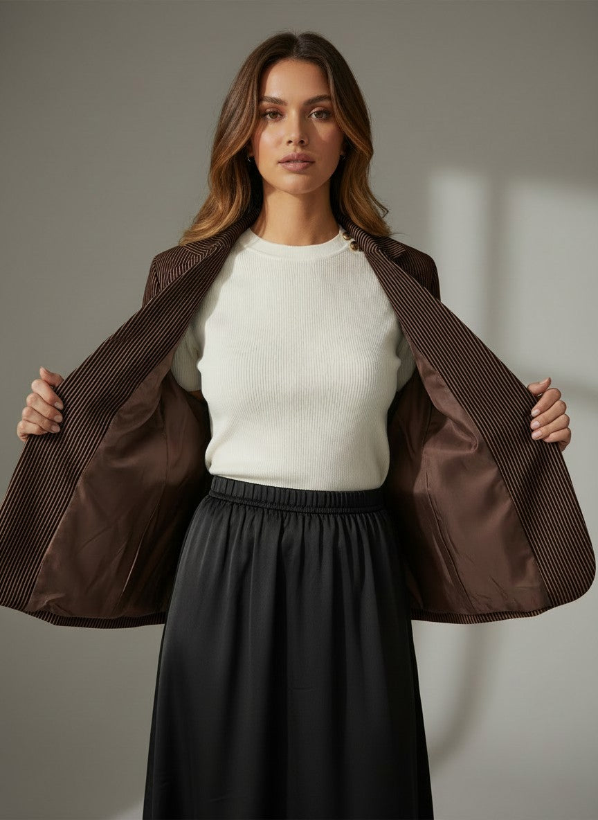 Кафяво сако Benny Boutique на фино райе с изчистен силует и вътрешна подплата, носен върху бял оребрен топ.