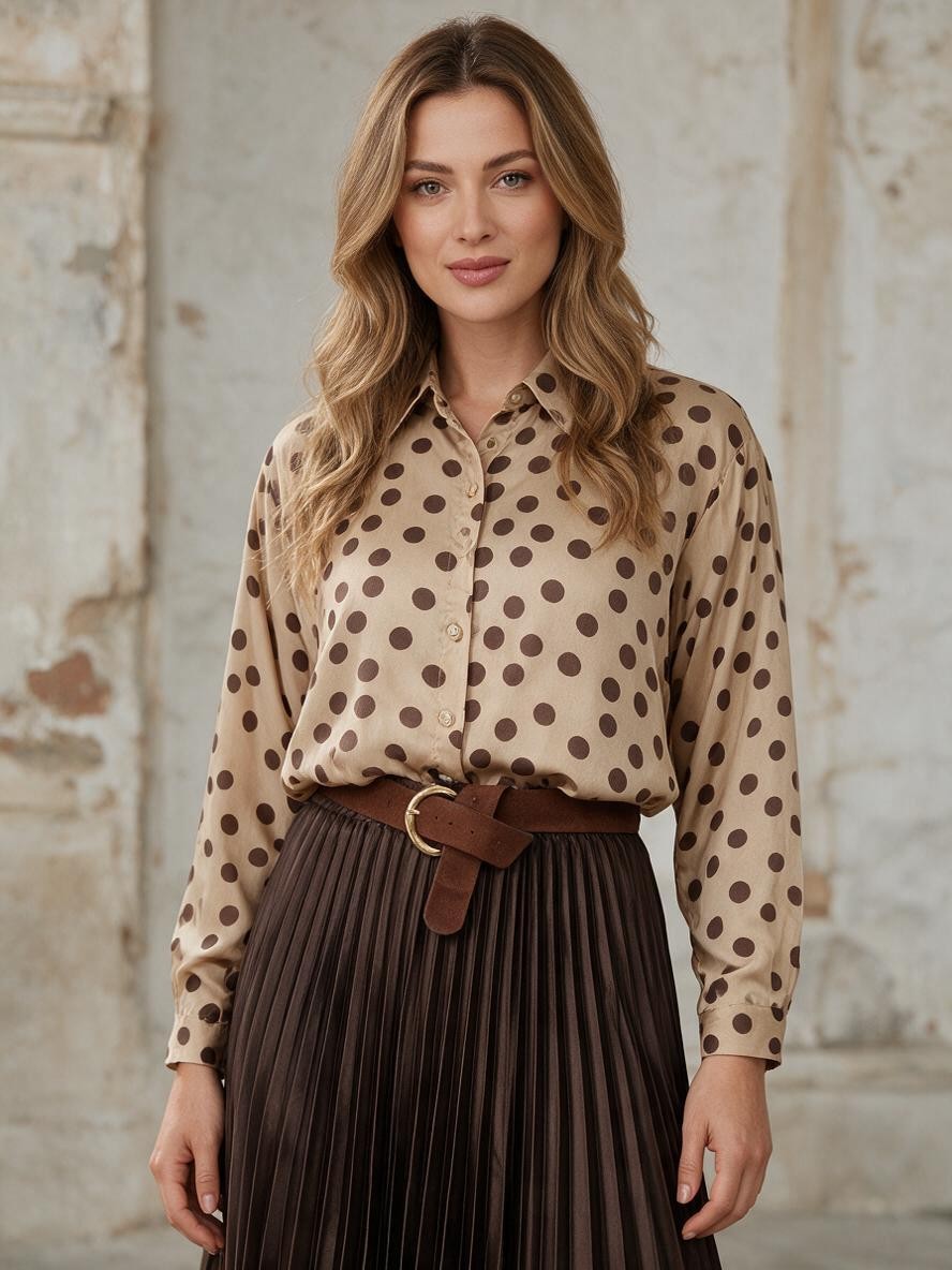 Дълга плисирана пола Benny Boutique в тъмнокафяв цвят с велурен колан и метална катарама, съчетана с блуза на точки.