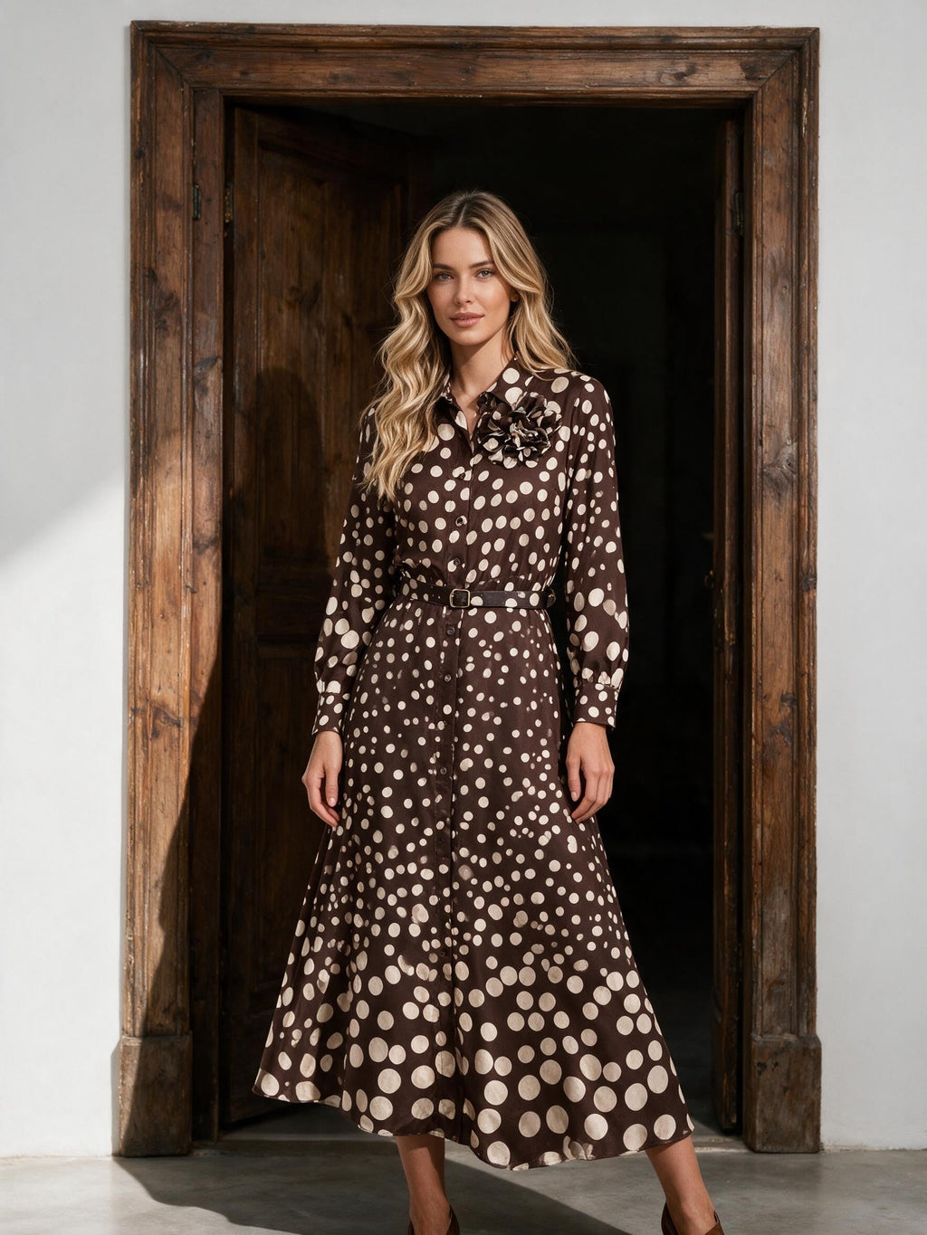 Кафява рокля Benny Boutique с дължина до средата на прасеца, кремави точки, яка, флорален детайл и подходящ колан, облечена от руса моделка.
