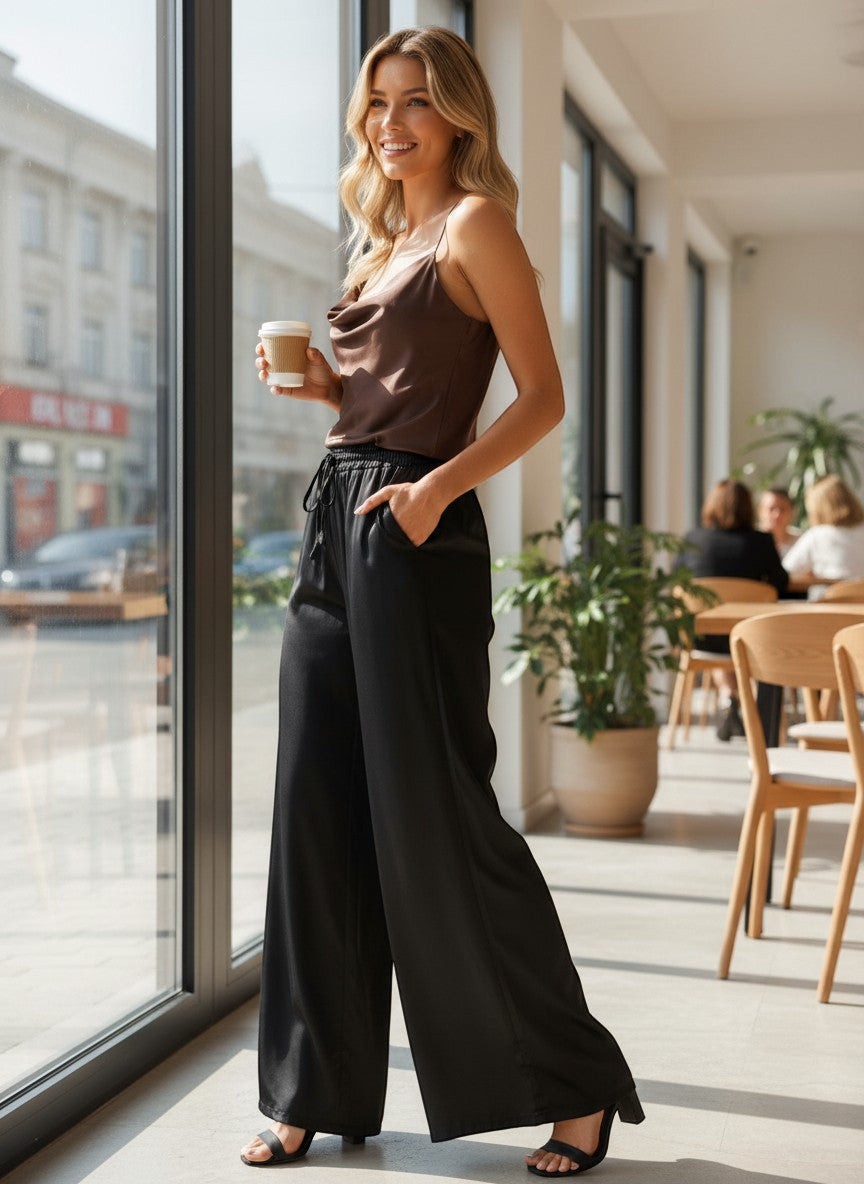 Кафяв сатенен камизолен топ с драпирано деколте от Benny Boutique, носен от усмихната жена в кафене.