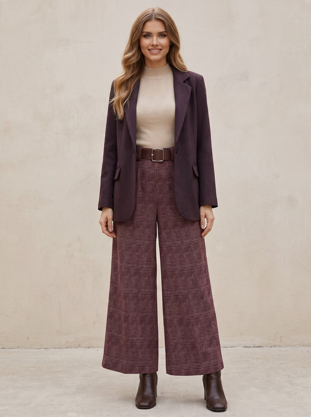 Дамски кариран панталон с широки крачоли в бордо от Benny Boutique с кафяв колан и златиста катарама.