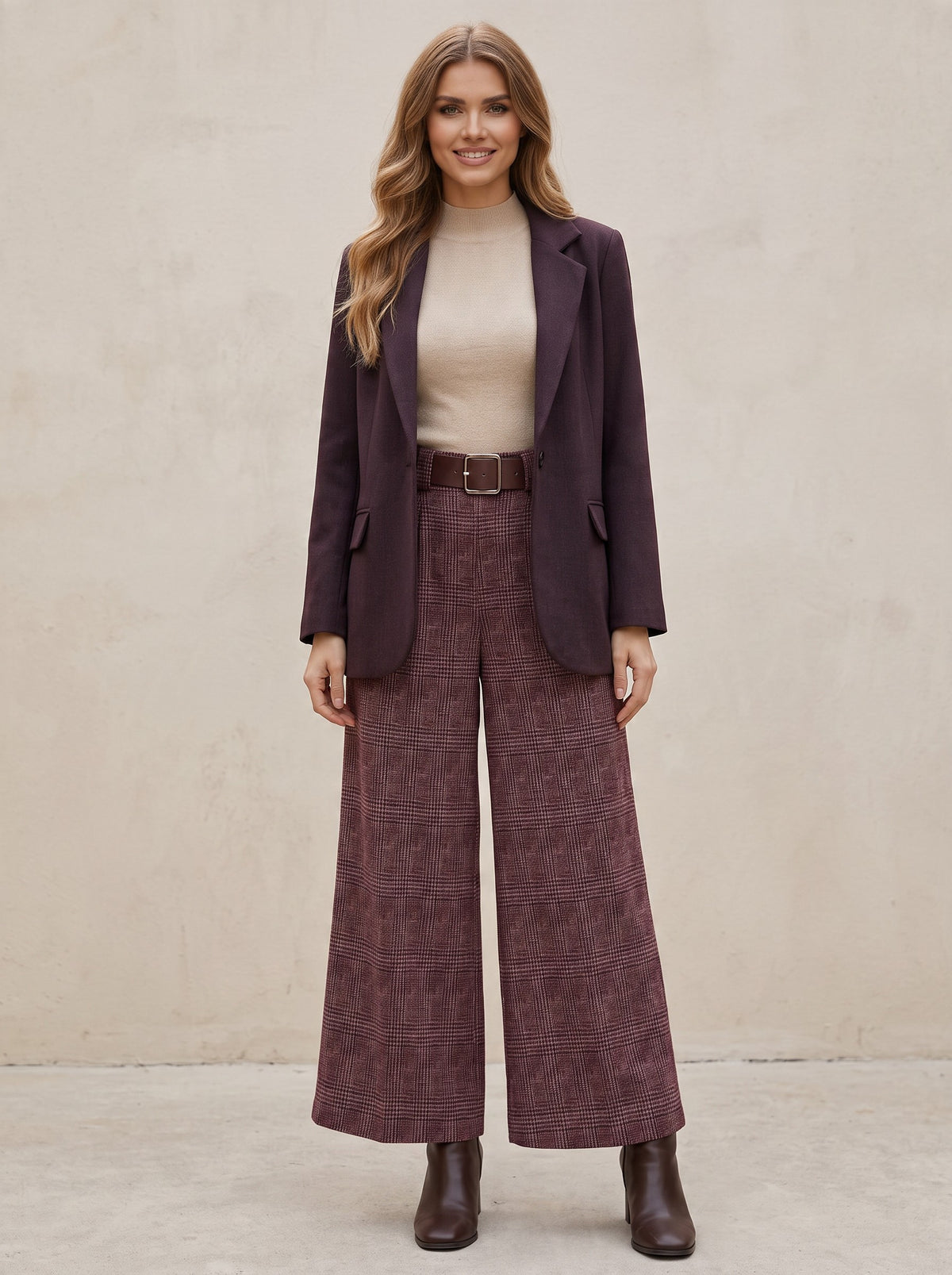 Дамски кариран панталон с широки крачоли в бордо от Benny Boutique с кафяв колан и златиста катарама.