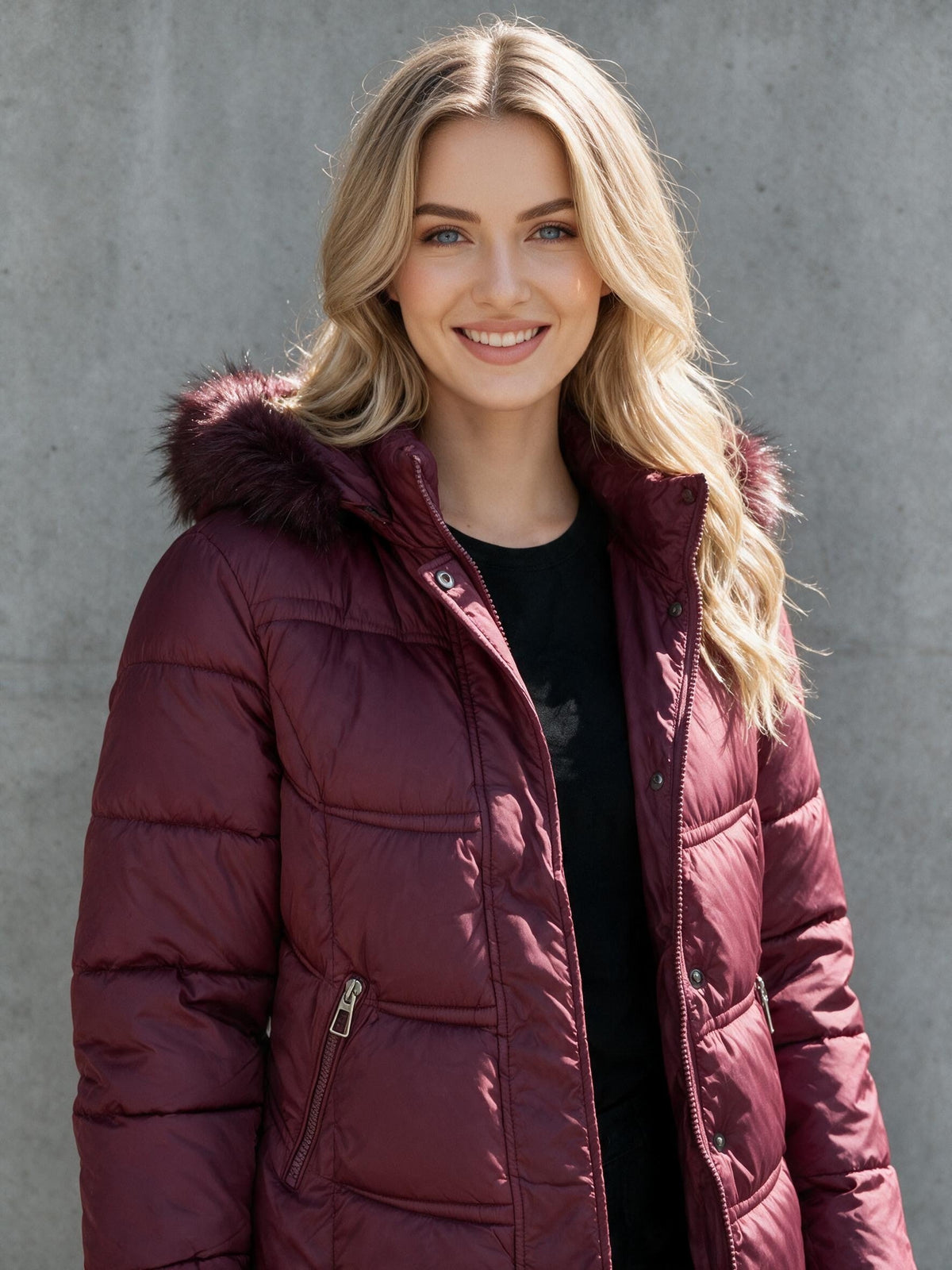 Бордо яке тип пуфер от Benny Boutique със сваляща се качулка с изкуствена кожа и втален силует, облечено от русокос модел.