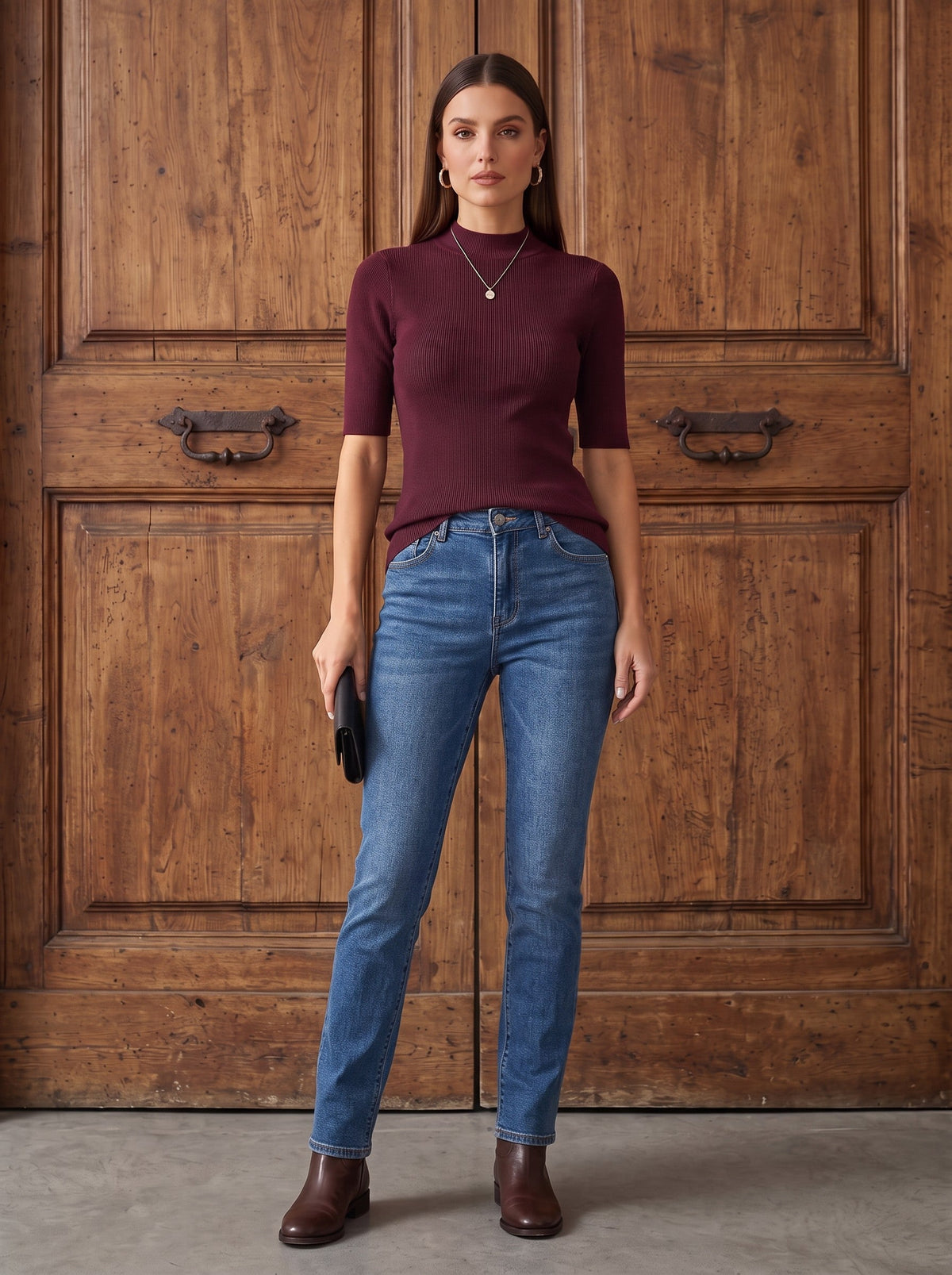 Бордо безшевна рипсена блуза Benny Boutique с къси ръкави и яка тип поло, съчетана със сини дънки пред дървена врата.