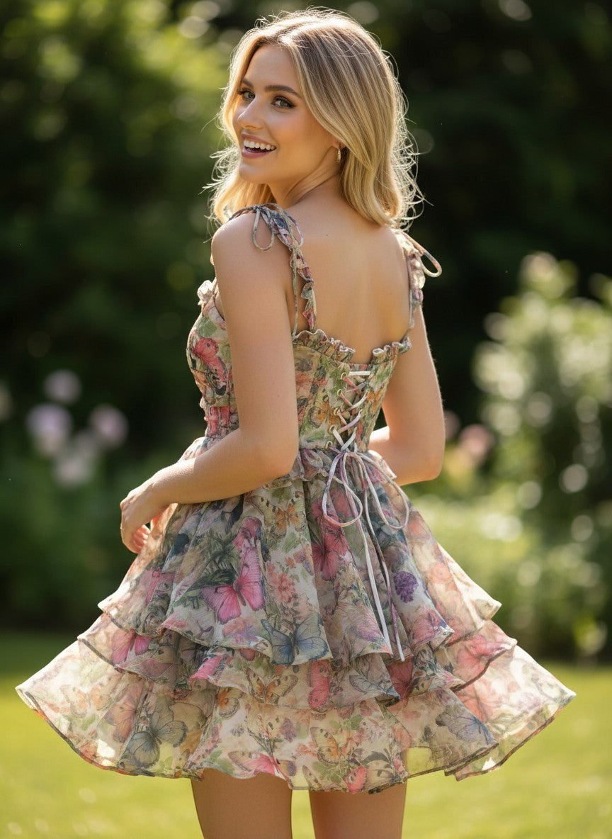 Benny Boutique шифонена мини рокля с флорален и пеперуден принт, многослойни набори, носена от модел на слънчива улица.