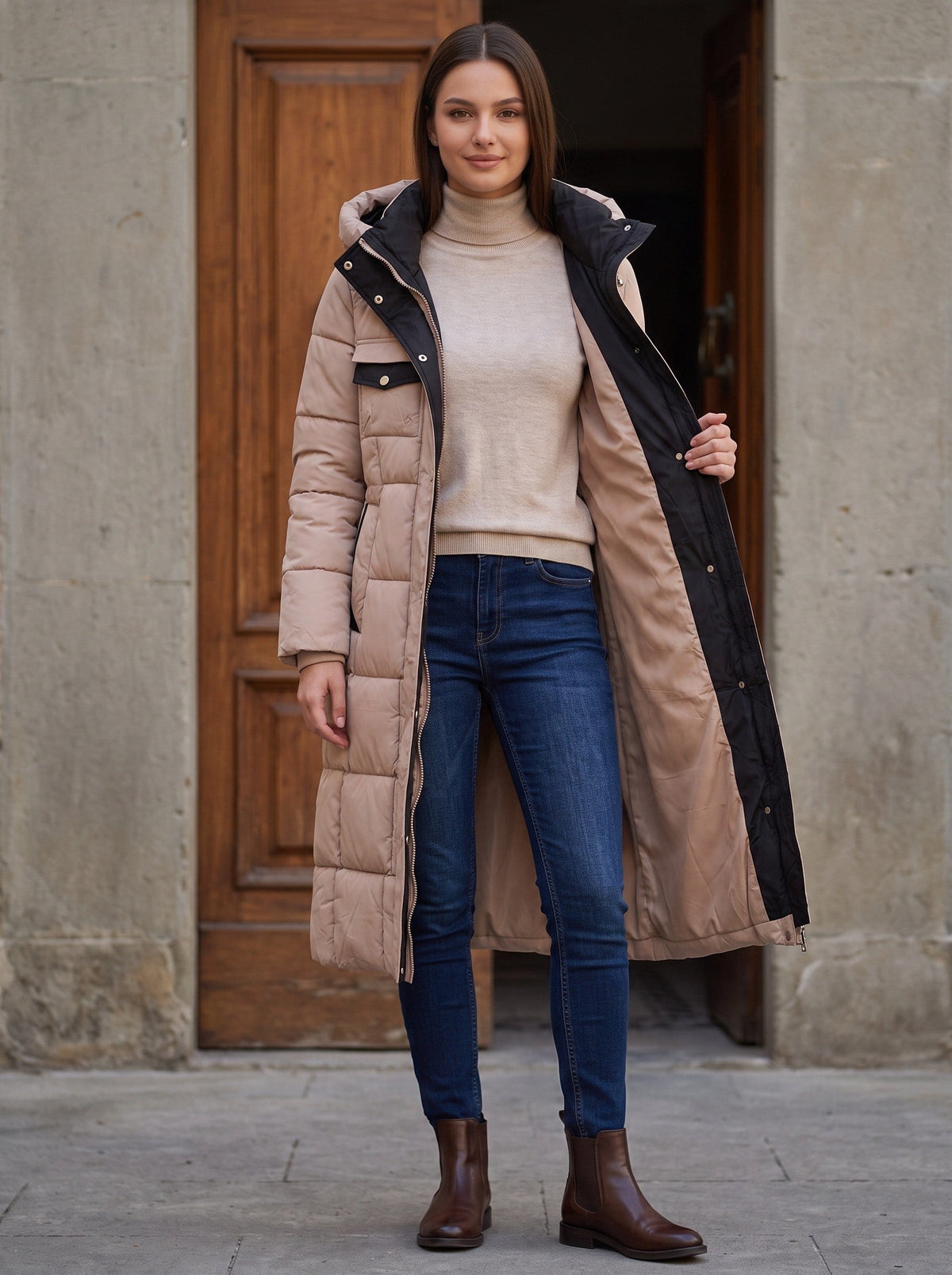 Дълго капитонирано палто Benny Boutique в бежов цвят капучино, с качулка, контрастни черни детайли и двупосочен цип, представено от модел.
