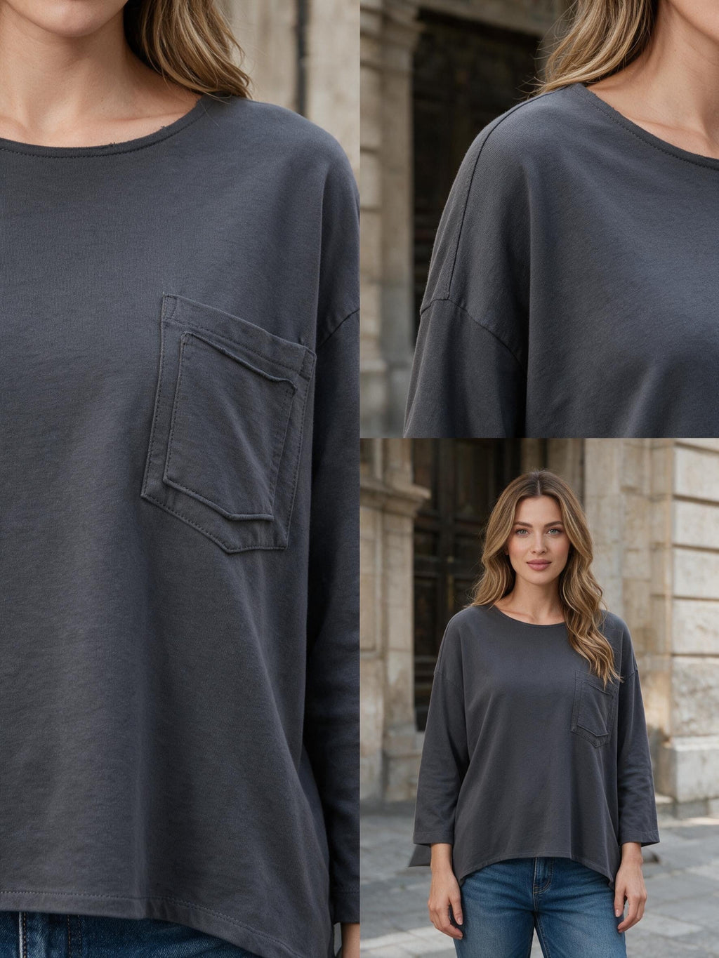 Свободна блуза в тъмносив цвят от Benny Boutique с джоб на гърдите, паднали рамене и детайл с копчета на гърба.