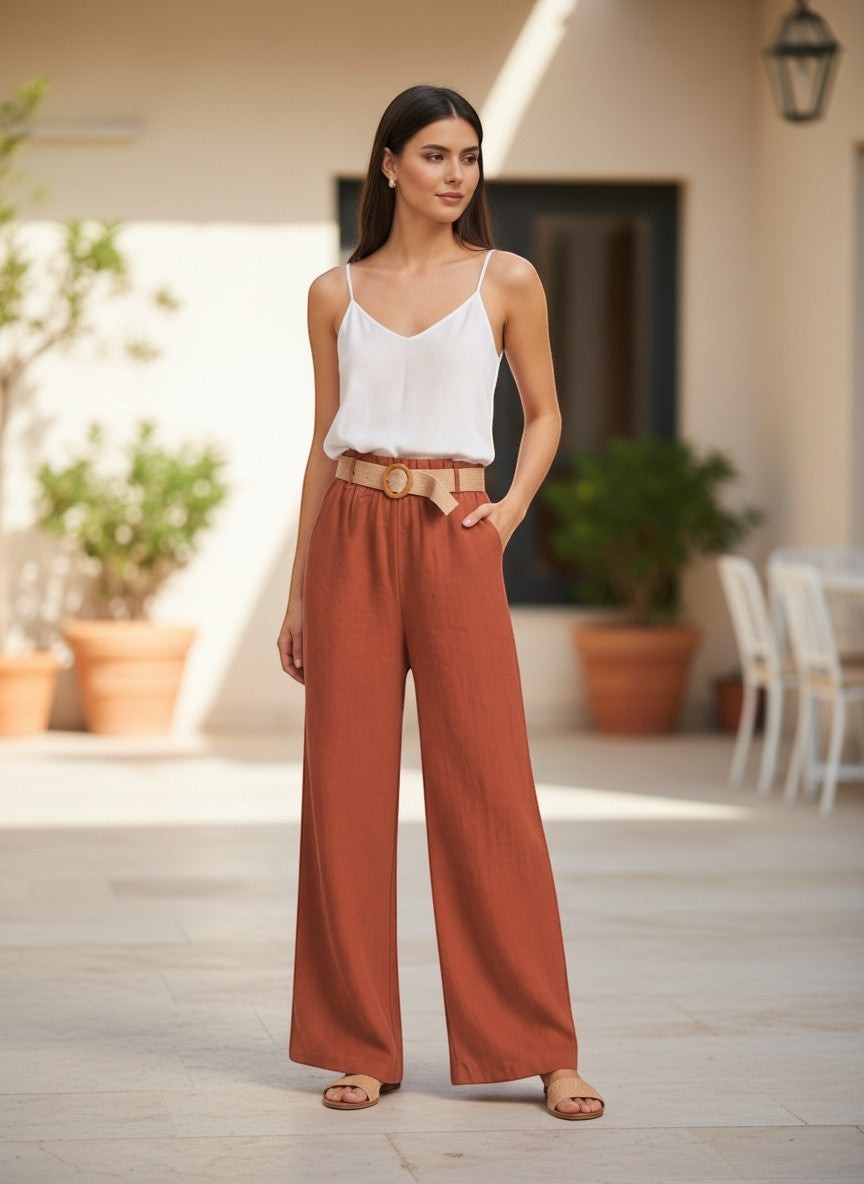 Benny Boutique коралово-червени широки ленени панталони с еластична талия и тъкан колан. Моделът ги носи с бял потник.