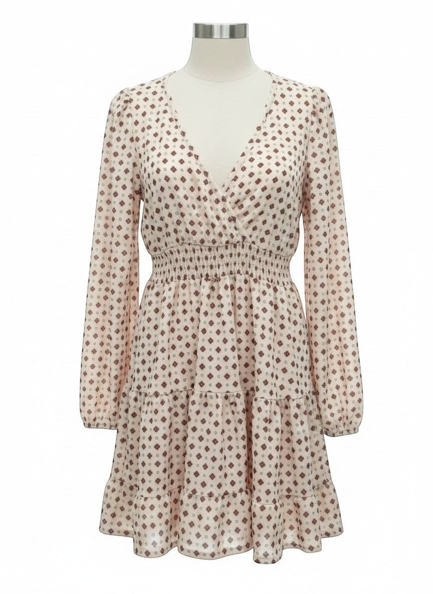 Benny Boutique cream midi dress with brown/burgundy geometric print, V-neck, balloon sleeves, and tiered hem.