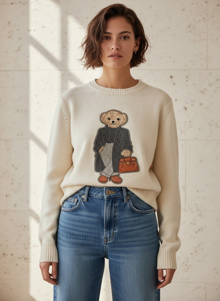 Кремав финоплетен пуловер Benny Boutique с очарователна апликация на мече, носен от жена със сини дънки.