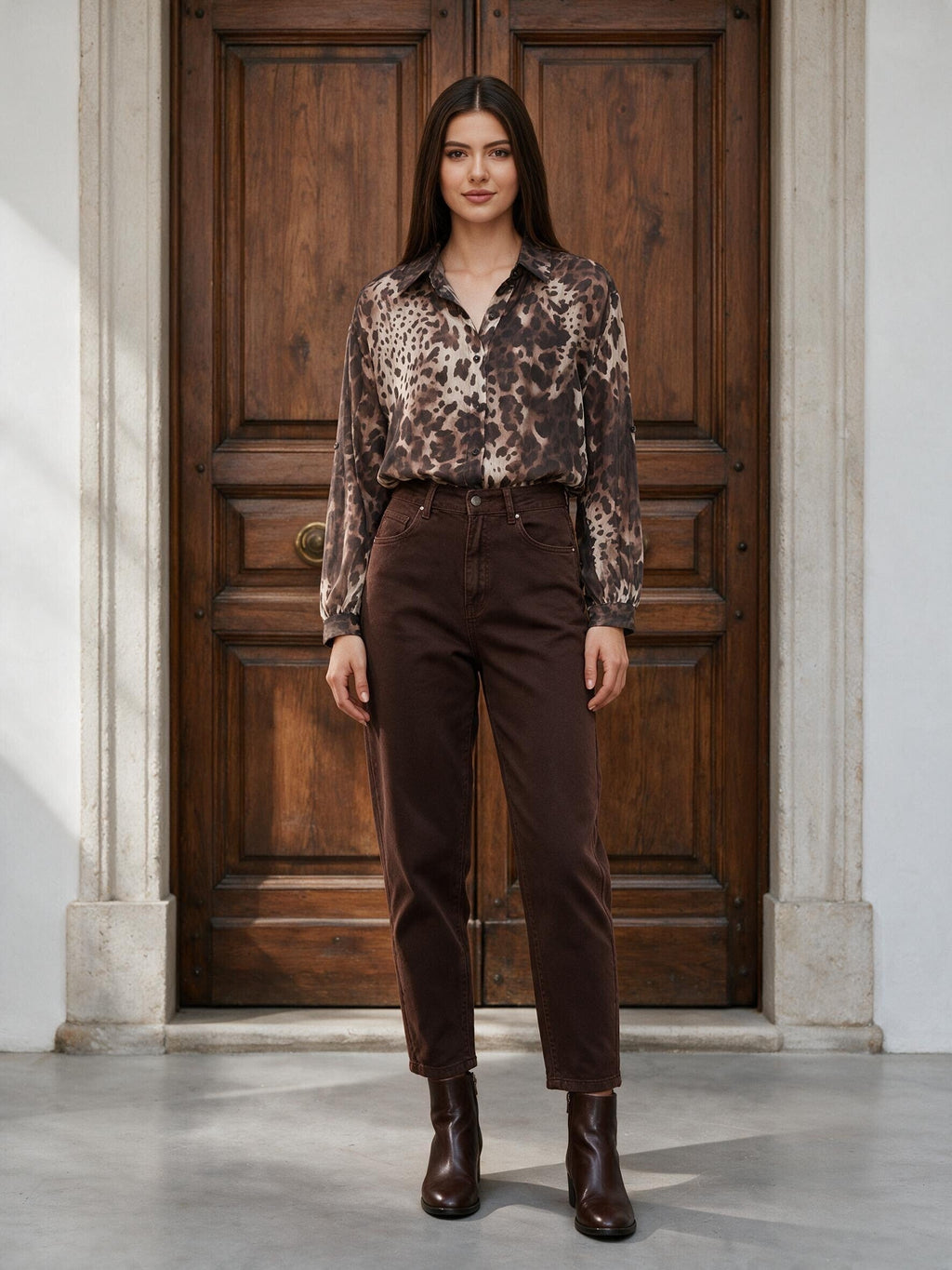 Тъмнокафяви дънки Benny Boutique с висока талия и кройка mom fit, съчетани с блуза с леопардов принт и кафяви боти до глезена.