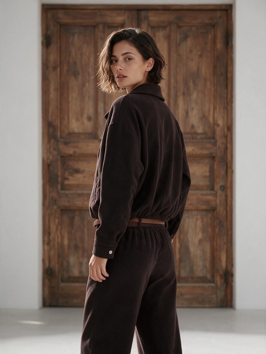 Тъмнокафяво яке Benny Boutique с релефна оребрена текстура, широка яка и еластичен подгъв, носено от модел в студийна обстановка.