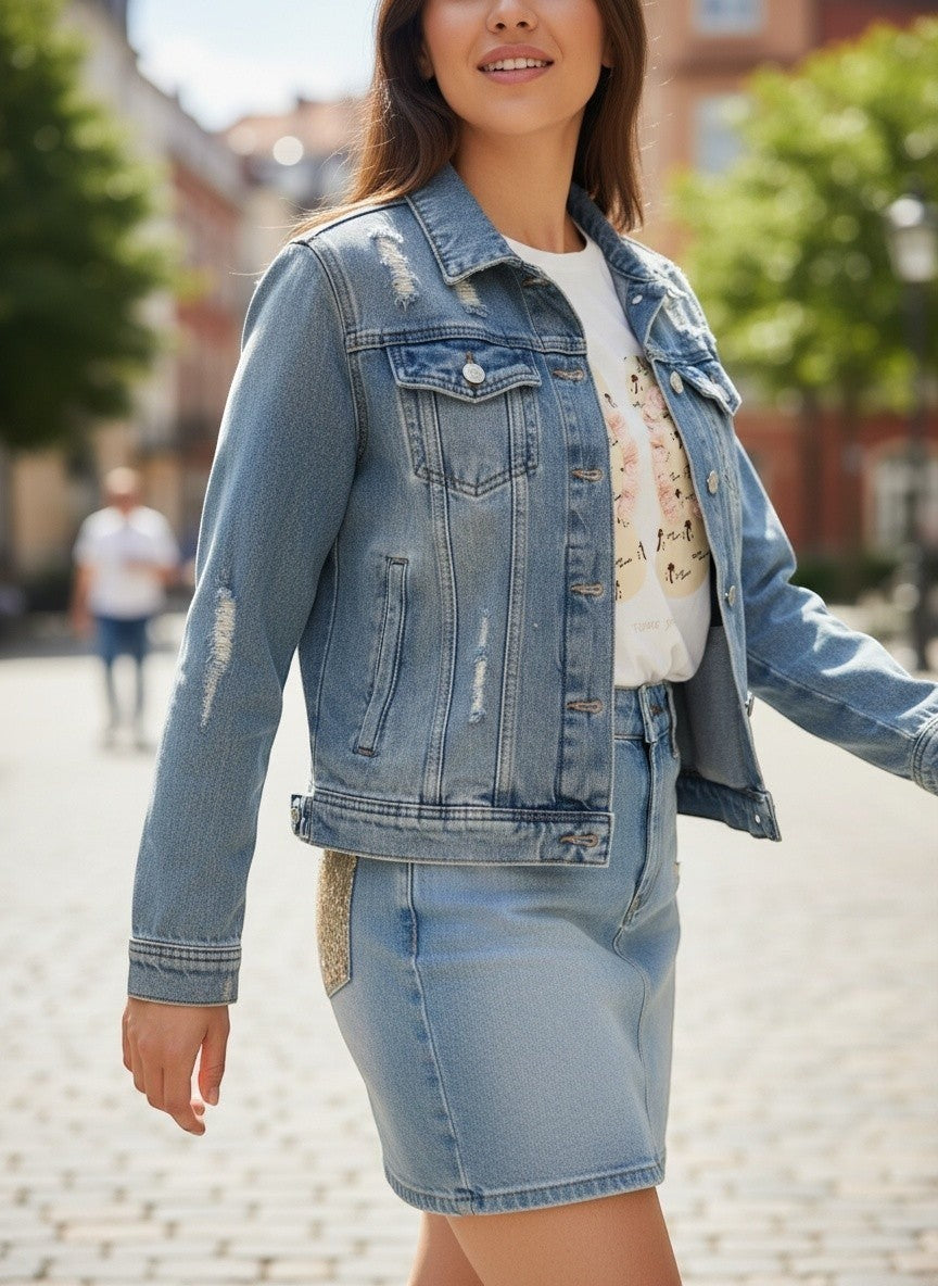 Benny Boutique светлосиньо дънково яке с разкъсани детайли и класическа яка, комбинирано със съвпадащи дънки и тениска.