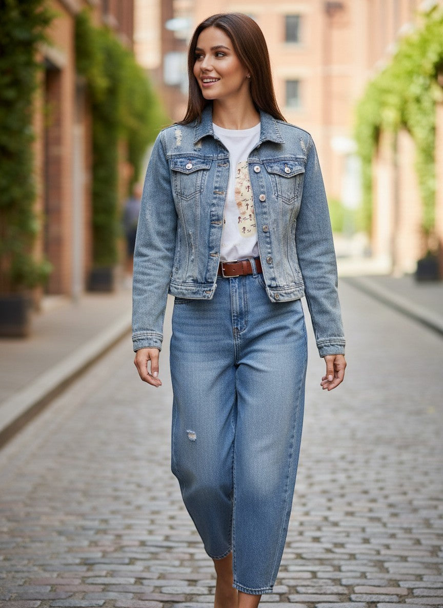 Benny Boutique светлосиньо дънково яке с разкъсани детайли и класическа яка, комбинирано със съвпадащи дънки и тениска.