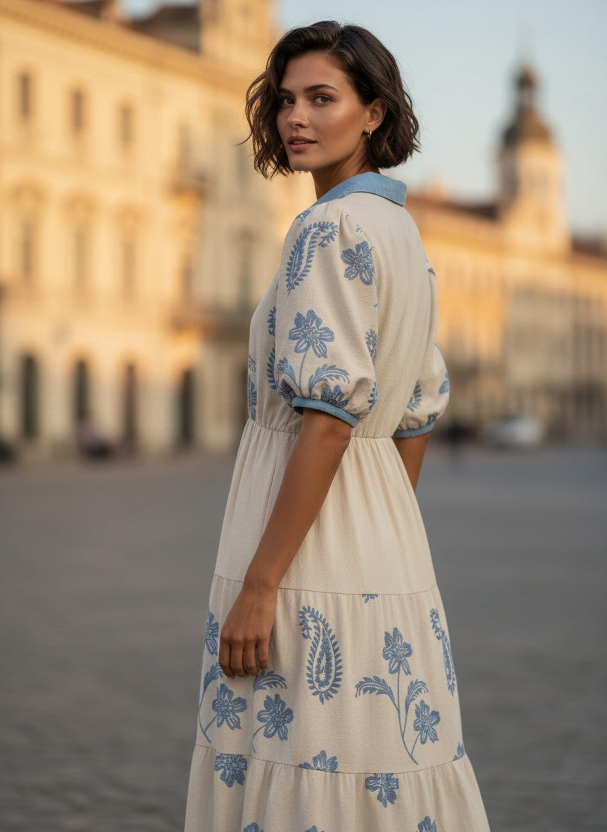 Бежова макси рокля Benny Boutique със синя флорална бродерия, буфан ръкави и предно закопчаване с копчета, заснета на градски площад.