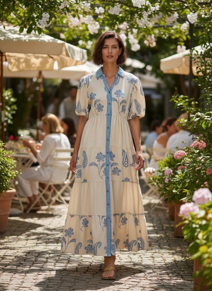 Макси рокля Benny Boutique в кремав цвят със синя флорална бродерия, предно закопчаване с копчета и буфан ръкави, заснета в градинска обстановка.