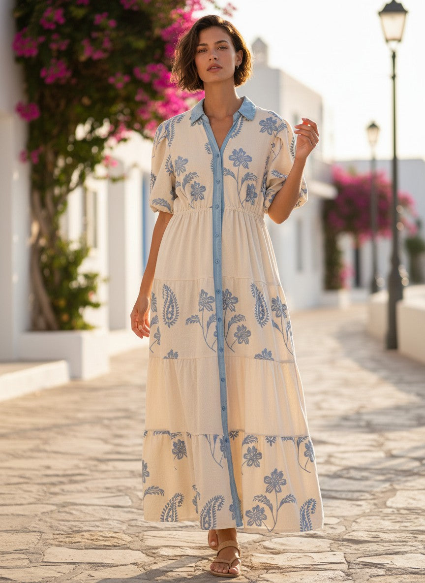 Макси рокля Benny Boutique в кремав цвят, изработена от смес от памук и вискоза, със синя флорална бродерия и предно закопчаване с копчета.