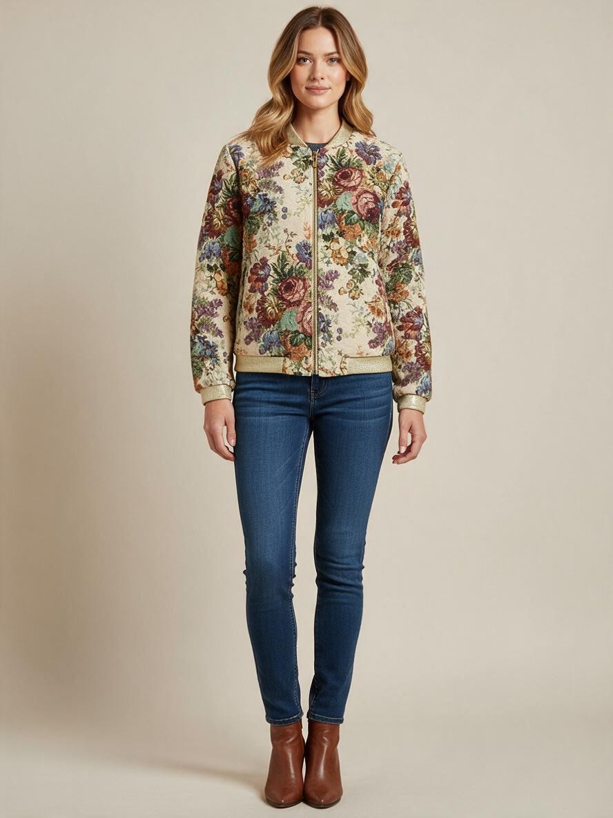 Бомбър яке Benny Boutique с флорална бродерия и металически златист кант, носено от модел със сини дънки.