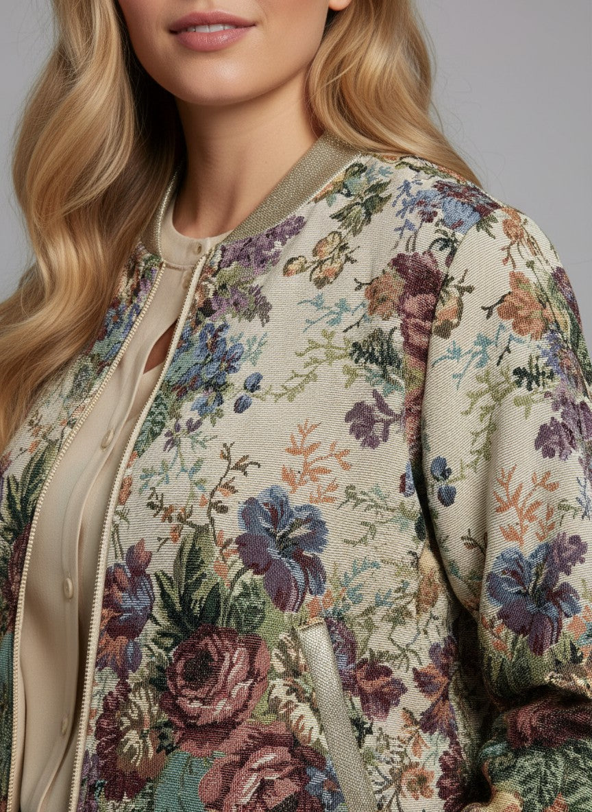Леко яке тип „бомбър“ Benny Boutique с флорална бродерия и златист металически кант на светлобежов фон.
