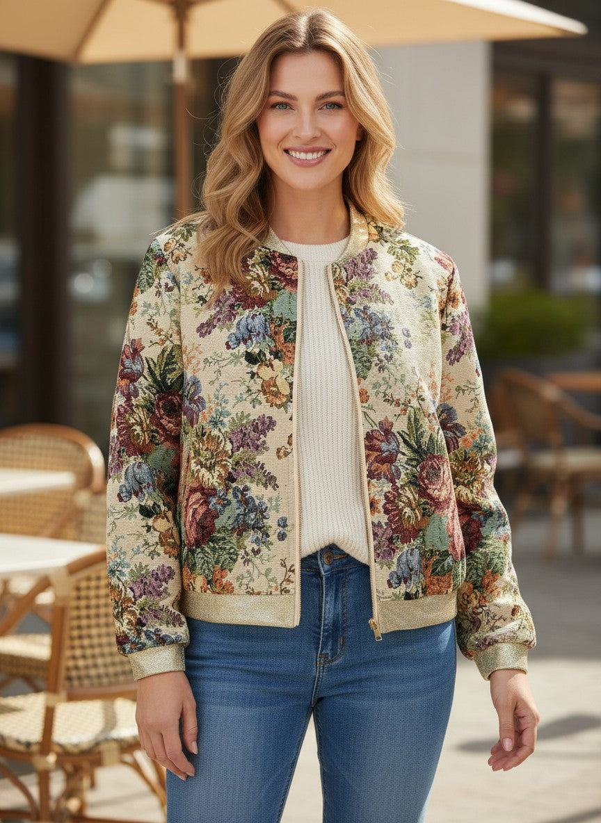 Леко яке тип „бомбър“ Benny Boutique с флорална бродерия и металически златист кант, носено от усмихната жена.