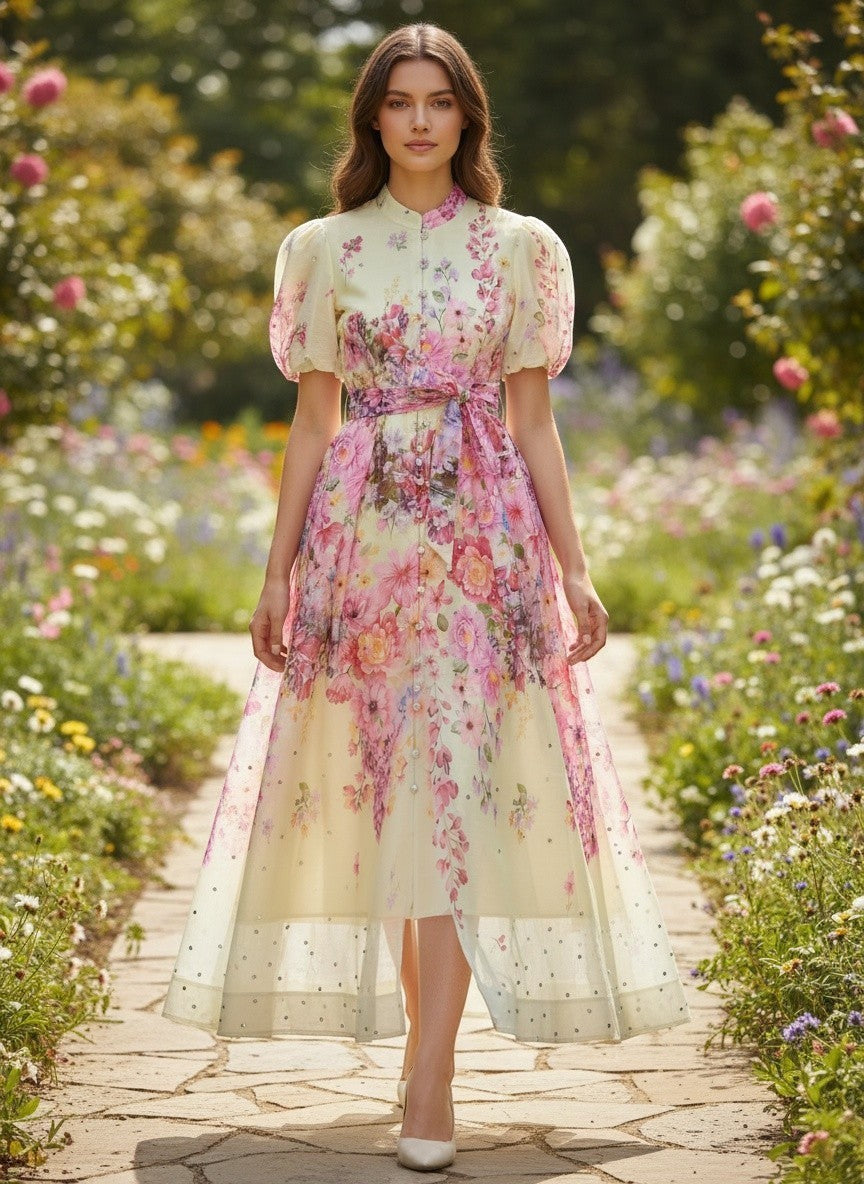 Макси рокля от памук и лен с флорален принт от Benny Boutique с кристални украшения, носена от модел в градина.