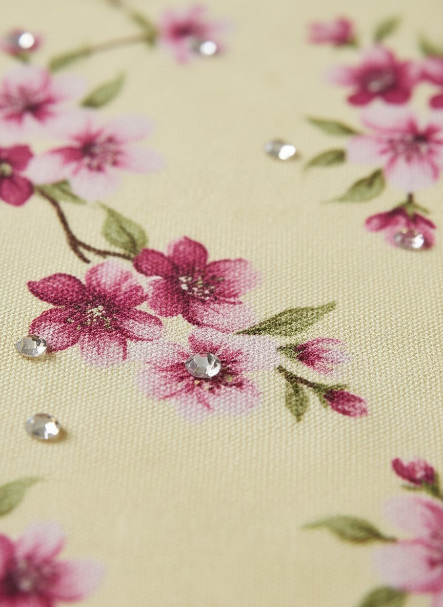 Плат от памук и лен с флорален принт от Benny Boutique с блестящи кристални украшения.
